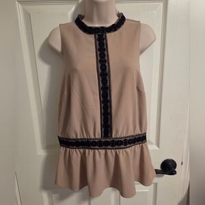 Bebe Beige Tank Top Black Lace Trim Peplum Size Large
